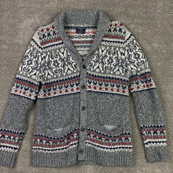 Abercrombie & Fitch Cardigan Sweater Men's Large Fair Isle Shawl Collar Merino - Picture 1 of 9